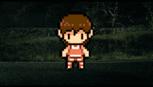 a pixel art of a boy and a girl standing next to each other on a road
