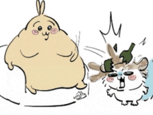 a cartoon of a rabbit and a cat with a bottle on their head