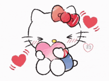 a drawing of hello kitty with hearts around her