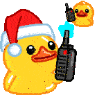 a yellow rubber duck wearing a santa hat holds a walkie talkie