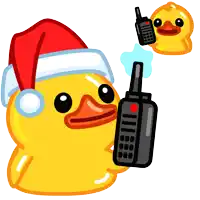 a yellow rubber duck wearing a santa hat holds a walkie talkie