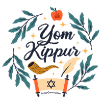 a logo for yom kippur with a shofar and scroll