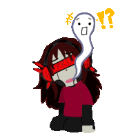 a drawing of a girl with headphones and a ghost with a question mark behind her