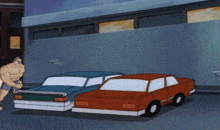 a cartoon of a man standing next to a red car