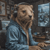 a bear wearing headphones and a blue jacket