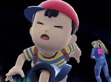 a cartoon character with his eyes closed and a red hat on