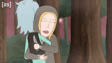 a cartoon of a person holding a knife with the word [ as ] on the bottom