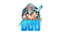 a drawing of a man holding a lightning bolt and the word god below him