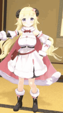 a girl with horns is wearing a white dress and boots