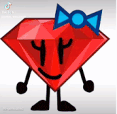 a red diamond with arms and legs and a blue bow on it 's head .