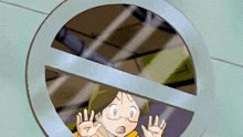a cartoon character is looking through a round window with a no entry sign