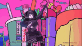 a cartoon of a girl in front of a store that says store on it