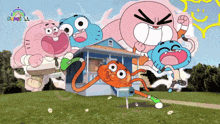 a group of gumball characters are standing in front of a blue house