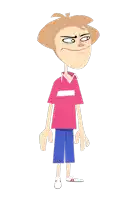 a cartoon character with a pink shirt and blue shorts is making a funny face