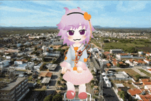 a cartoon girl with pink hair and purple eyes is standing in front of a city