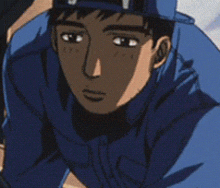 a cartoon of a man in a blue uniform with the letter t on his shirt