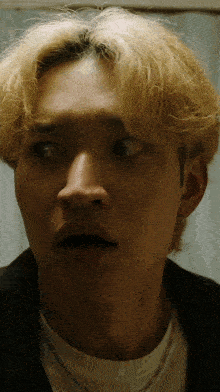 a close up of a person 's face with a surprised look on their face