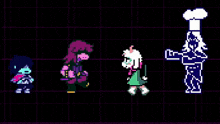 a group of pixel art characters are standing next to each other in a dark room .