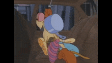 a cartoon character is sitting in the back seat of a car with a bucket on his back .