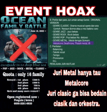 a poster for an event called ocean family battle with an x crossed out