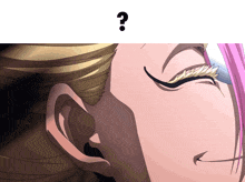 a close up of a girl 's face with a question mark above it