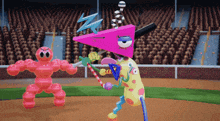a cartoon character with a pink triangle on his head is standing on a baseball field