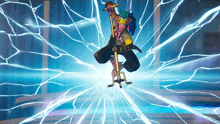 a cartoon character is flying through the air with a lightning bolt behind him