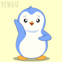 a blue and white penguin with the word pengu on the bottom right