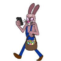 a cartoon rabbit is holding a basket of easter eggs and looking at his phone