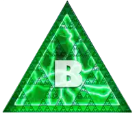 a green triangle with a white letter b on it