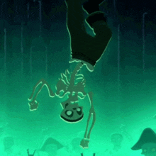 a cartoon skeleton is hanging upside down in the dark