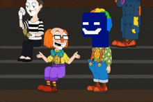 a group of clowns are standing on a set of stairs in a room