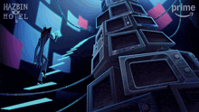 a poster for hazbin hotel shows a tower made of televisions