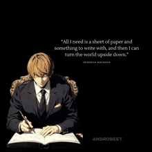 a man in a suit sits at a desk writing in a notebook