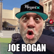 a man wearing a hat says joe rogan on it