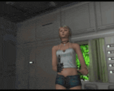 a video game screen shows a woman holding a gun and the words delete this above her