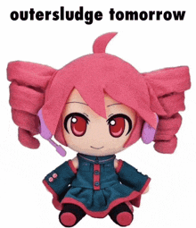 a stuffed doll with pink hair and headphones has the words outersludge tomorrow written on it