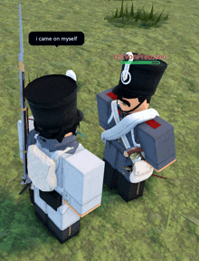 two soldiers are standing in a field and one has a speech bubble that says " i came on myself "