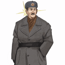 a drawing of a man wearing a coat and hat