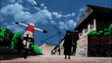 a woman in a red top is flying through the air while a man in a black suit is walking down a street