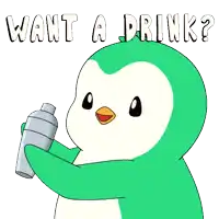 a green penguin is holding a shaker and says " want a drink ? "