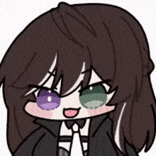 a cartoon drawing of a girl with long brown hair and purple eyes wearing a suit and tie .