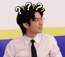 a man wearing glasses and a white shirt has a bunch of question marks above his head