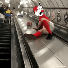 a cartoon of a clown falling down an escalator with a sign that says rebel on it