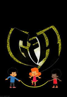 a cartoon of three kids jumping rope in front of a wu tang logo