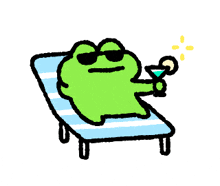 a green frog wearing sunglasses is sitting on a striped chair holding a drink .