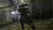 a man in a black coat is holding a lightning bolt in his hand