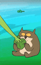 a cartoon of an owl holding a green leaf with the word oh written above it