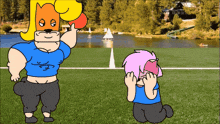 a cartoon drawing of a man and a girl on a field with a lake in the background