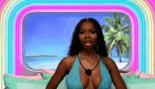 a woman in a bikini is sitting in front of a window with a rainbow in the background